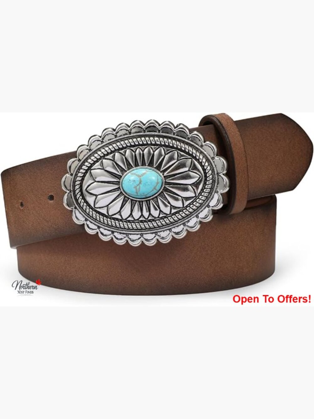 Faux Leather Western Belt with Turquoise Buckle Detachable Concho
